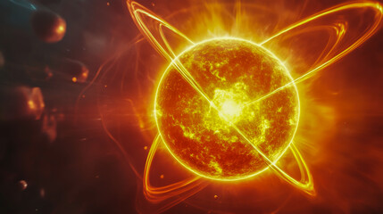Obraz premium Atoms collide at staggering speeds, igniting a fusion reaction that powers the heart of the sun.