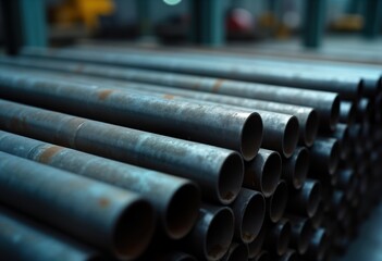 Close up view of stacked steel rounded cylinder bars in factory warehouse. Industrial concept photo ready for business plans product, customer projects industry production. Metal tubes stacked