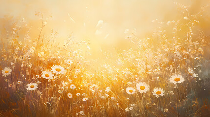 A peaceful spring meadow bathed in golden light, wildflowers in full bloom, oil painting style, detailed brushwork, soft and warm color palette. Golden Meadow. Illustration