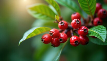 Obraz premium Close-up view of bright red berries on branch with green leaves. Berries look ripe, juicy. Fresh natural fruit cluster on plant. Vibrant colors. Macro photo of berries. Summer outdoor scene in