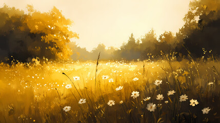 A peaceful spring meadow bathed in golden light, wildflowers in full bloom, oil painting style, detailed brushwork, soft and warm color palette. Golden Meadow. Illustration