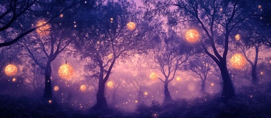 Enchanting twilight forest with glowing orbs.