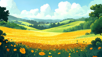 An endless expanse of golden fields captures the warmth of the sun, flowing into rolling hills of green that lead to a distant forest. Golden Meadow. Illustration
