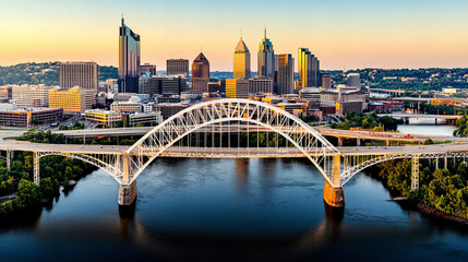 Obraz premium Sunset view of Pittsburgh skyline and bridge reflecting on the river