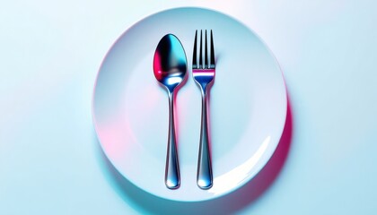 Neon-lit Still Life: A Spoon and Fork on a White Plate