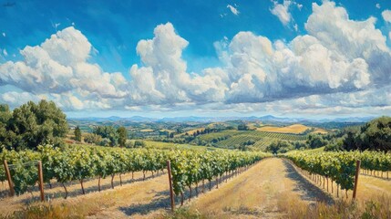 Naklejka premium Sunny vineyard landscape with rolling hills and fluffy clouds.