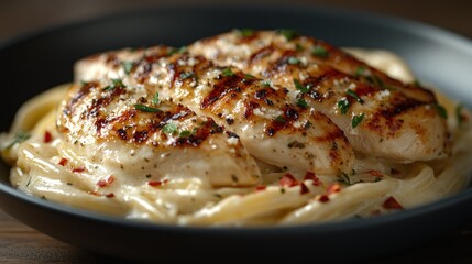 Grilled chicken breast served on a bed of creamy fettuccine pasta garnished with herbs, in a cozy dining setting