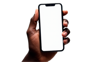 close up of a black hand holding a mobile phone mock up with transparent background