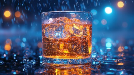 Refreshing drink in a glass surrounded by raindrops at night with vivid colored lights