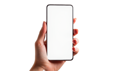 woman hand holding a mobile phone mock up with transparent background