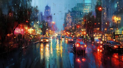 Obraz premium Rainy city night street view through wet window.