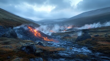 Fototapeta premium Volcanic lava flow at dusk, Iceland landscape. Geothermal energy, dramatic scenery, travel