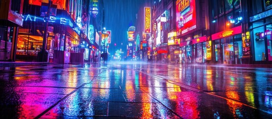Fototapeta premium Rainy night city street reflecting vibrant neon lights.