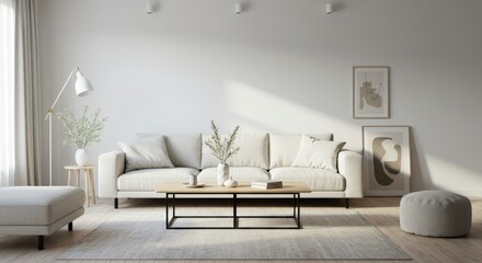 Minimalist, japandi interior design of modern living room with accent armchair	