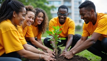 Diverse group volunteers in yellow shirts plant sapling together in park. Happy, smiling eco team works on urban greening project. Planting tree represents hope, environmentalism. Group effort