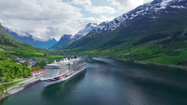 IONA P&O CRUISE from a drone in Olden, Innvikfjorden, Norway, Europe