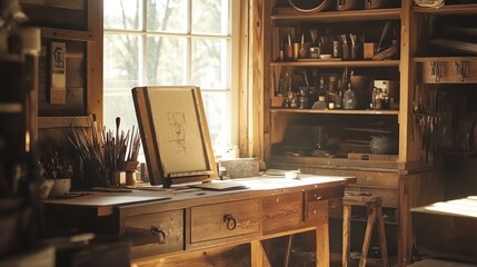 Warm sunlight illuminates a rustic artist's workshop, featuring a wooden workbench with tools and supplies, a drawing easel, and a large window.