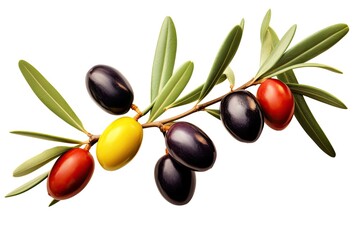 Isolated olive berries and leaves on a white backdrop