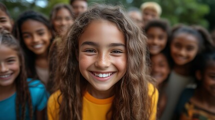 Fototapeta premium A cheerful young girl smiling brightly among a group of diverse children in an outdoor setting.