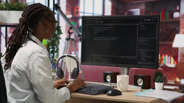 Developer at computer desk coding while listening music, creating software, implementing algorithms. Remote worker with headphones on at home working with code editor, building applications, camera B