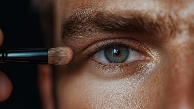 Close-up of a man's eye with makeup brush applying shimmer eyeshadow, emphasizing beauty, detail, and personal expression.