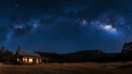 Cozy cabin under a breathtaking Milky Way night sky, perfect for stargazing and tranquil retreats.