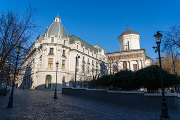 Obraz premium Bucharest, Romania — 18 January 2025: Saint Demetrius Church (Biserica Sfântul Dumitru) Church. Architecture of the old city.