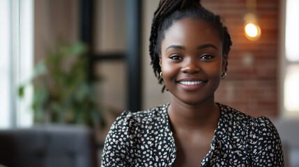 Fototapeta premium Portrait of a Smiling Young Black Woman with Locs Happy Attractive Female Model Professional Business Casual Outfit Indoor Setting