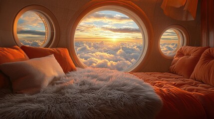 Cozy cloudside retreat features circular windows showcasing a vibrant sunset view over fluffy clouds