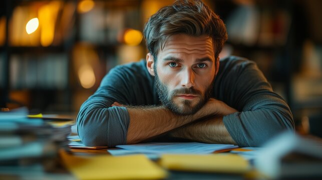 Pensive man leaning on his desk surrounded by papers in a dimly lit workspace, reflecting on procrastination and productivity.