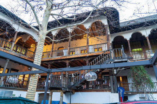 Bucharest, Romania &mdash; January 18, 2025: View of Manuc's Hanu Restaurant. Architecture of the old city.