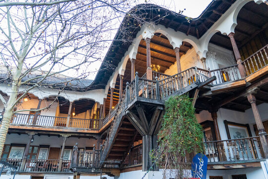 Bucharest, Romania &mdash; January 18, 2025: View of Manuc's Hanu Restaurant. Architecture of the old city.