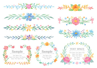 水彩の優しいタッチの花と植物の飾りとフレームセット