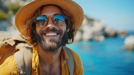 Smiling traveler with a hat and sunglasses enjoying a sunny day by the sea.