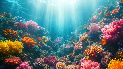 Naklejka premium Colorful Coral Reef Underwater Scene with Vibrant Marine Life, Sun Rays Shining Through Clear Tropical Ocean Water