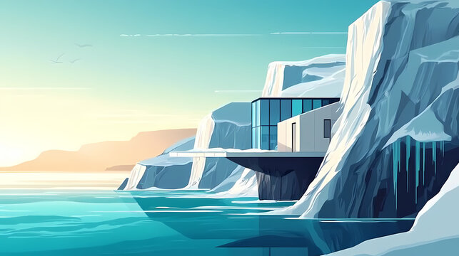 Modern cliffside structure overlooking icy ocean; serene backdrop for tourism brochure or architectural magazine. Icy Fjord. Illustration