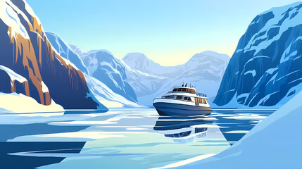 Scenic winter boat ride through icy fjords framed by snow covered cliffs under a clear sky. Icy Fjord. Illustration