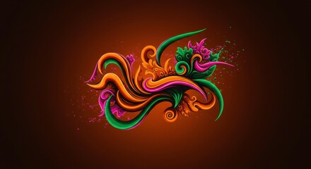 Abstract Floral Swirl: A vibrant, stylized floral design in shades of orange, green, and pink, swirls dynamically against a deep brown background.