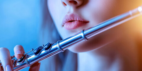 A young female musician playing the flute. Music school for adults, amateur orchestra