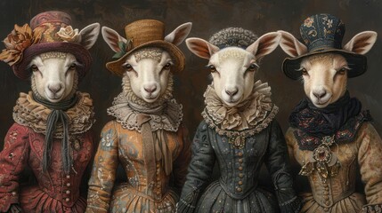 Vintage Portrait of Four Anthropomorphic Sheep in Elegant Victorian Clothing and Hats, Whimsical Fantasy Art Illustration