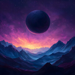 Breathtaking sunset over mountain range with celestial sphere natural landscape digital art serene ambiance wide angle perspective