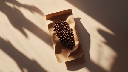 Coffee beans spilled on craft paper, sunlit studio