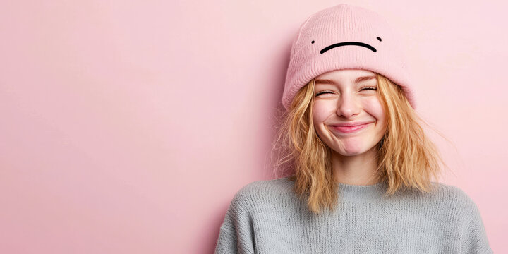Funny Woman with awkward smile, concept emotion of awkwardness, sarcasm, inappropriate joke, copyspace background, banner template