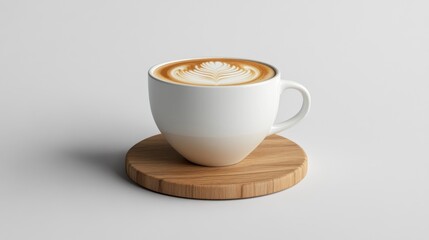 Fototapeta premium Latte art coffee cup on wood coaster, minimalist studio