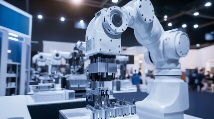An innovative industrial robotics exhibition with AI-powered machines and automated assembly lines, Industrial style, photo of