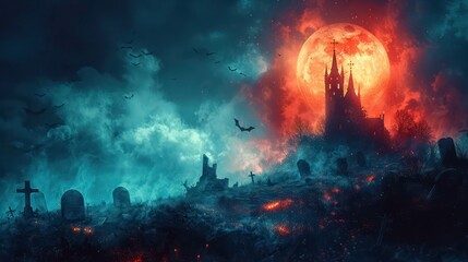 Spooky background with Halloween castle in a graveyard