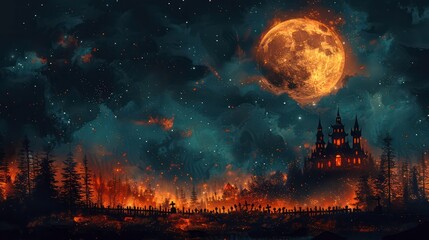 Spooky background with Halloween castle in a graveyard