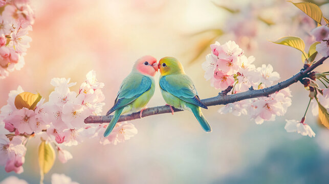 Love concept, two small, vibrant lovebirds perched close together on a flowering branch of cherry blossoms, Generative ai
