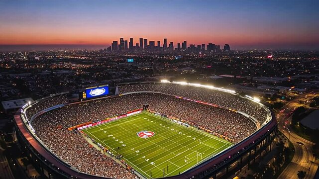 Illuminated football stadium during sunset with a cityscape in the background.