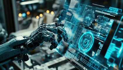 Fototapeta premium Robot Arm Controls Futuristic Interface